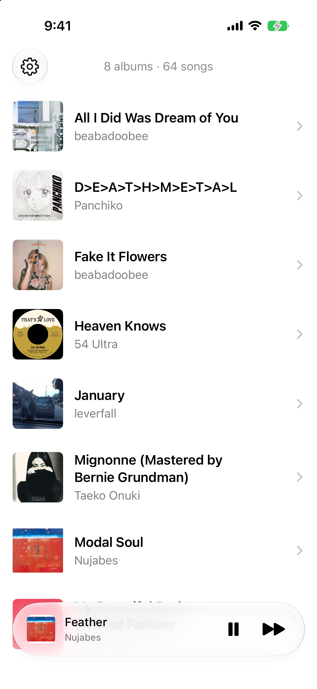 Oto showing an album library with Feather by Nujabes playing in the floating player